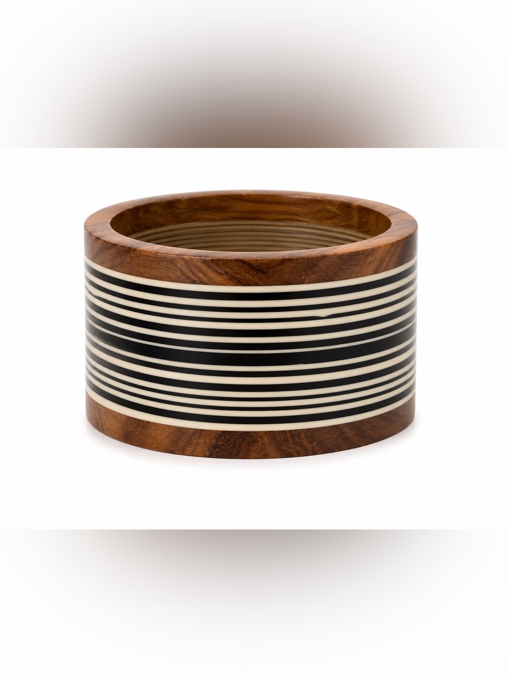 Zara Wood and Black & Cream Striped Bangle Bracelet Boho Modern